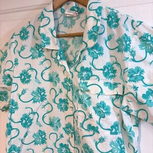 Cos Cob Vintage Teal White Floral Cotton Short Sleeve Button Up Shirt USA L